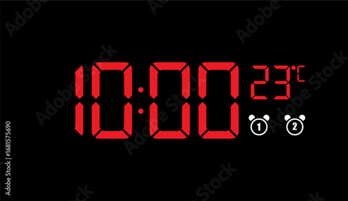 A vibrant red digital display shows the time as 10:00 alongside a temperature of 23°C, set against a stark black background, featuring icons indicating alarm settings