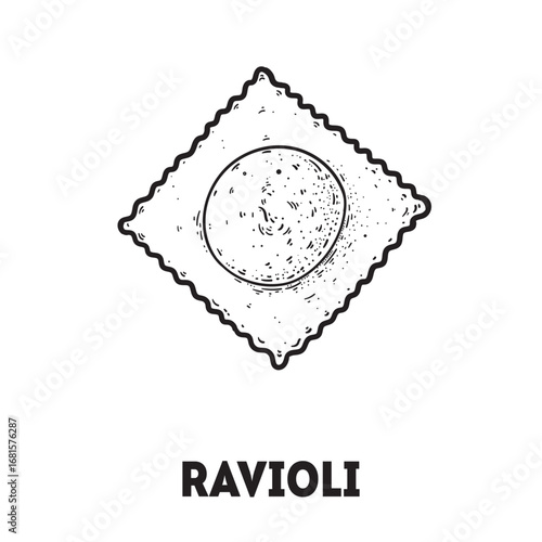 Pasta ravioli sketch. Italian food. Hand drawn vector illustration. Ravioli pasta Engraved style. Detailed black and white illustration.
