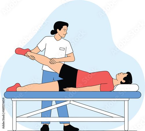 Physical therapist gently assists patient with leg stretch on examination table