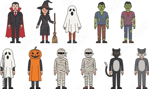 A collection of ten halloween costumes including a vampire witch ghost and two zombies and mummies and cats