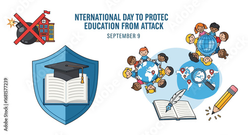 International day to protect education from attack with children and school safety illustrations