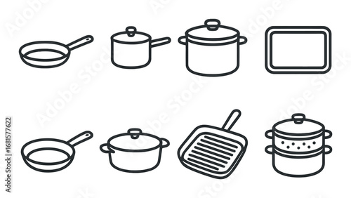 Collection of kitchen cookware icons: frying pans, pots, and bakeware