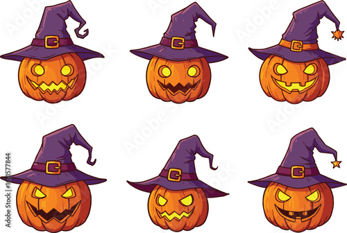 Cartoon Jack-o'-Lanterns with Witch Hats and Glowing Expressions in Whimsical Halloween-Themed Poses on White Background for Kids Content