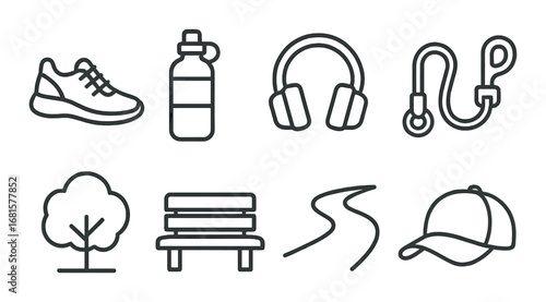 Minimalist park icons: shoes, water bottle, headphones, leash, tree, bench, path, cap
