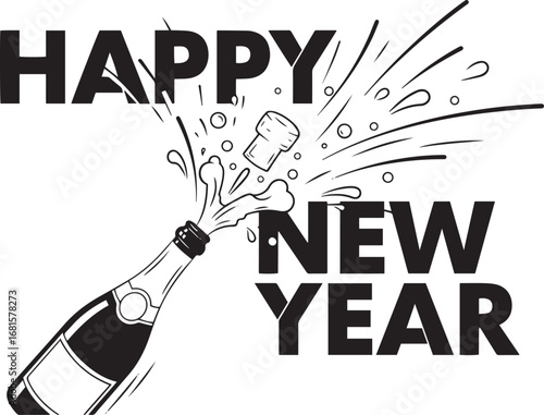 A black and white vector graphic depicting a champagne bottle with sparkling celebratory bubbles erupting, alongside bold text proclaiming 'Happy New Year'.