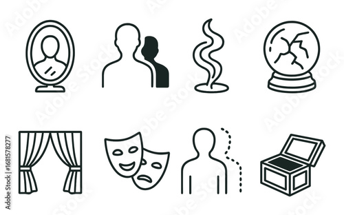 Mysterious icons including portrait, silhouettes, steam, crystal ball, stage, masks, invisible person, box