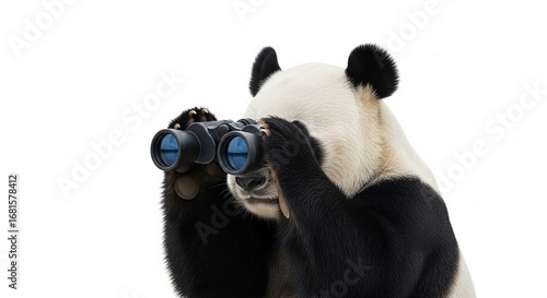 Panda bear looking through binoculars on a white background, observing something.