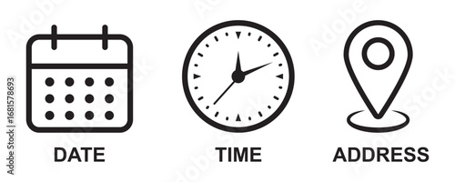 Address time date icons set. Information for invitation event, with analog wall clock, calendar binder and location pin, symbol of date time place or address. eps 10