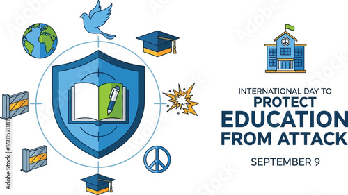 International day to protect education from attack poster with shield and education symbols