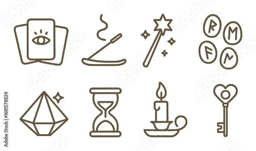 Mystical symbols collection on gold background featuring tarot, incense, and magic wand