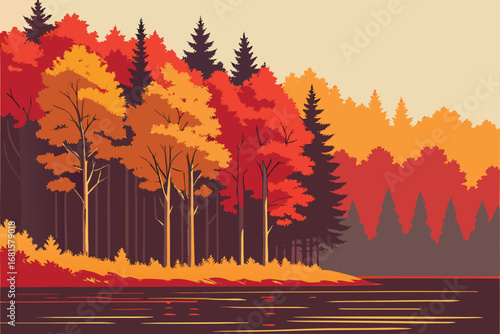 Autumnal trees and their vibrant leaves reflect within the still lake water beneath them