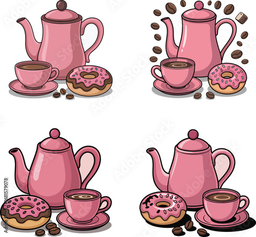 Tea set with teapot and cups on saucers in vintage style