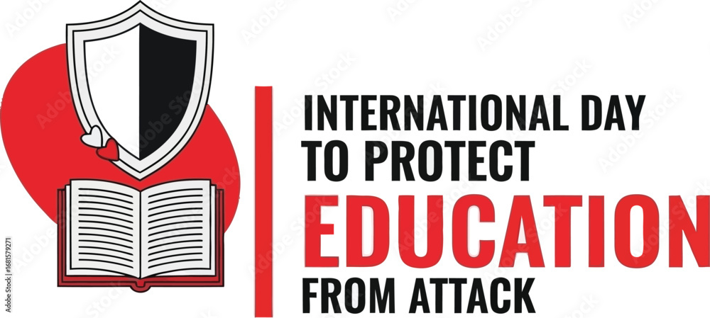 Naklejka premium International day to protect education from attack with shield and book on white background