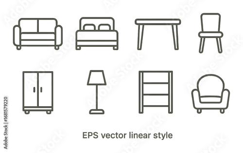 Minimalist linear furniture icons: sofa, bed, table, chair, wardrobe, lamp, shelf, armchair