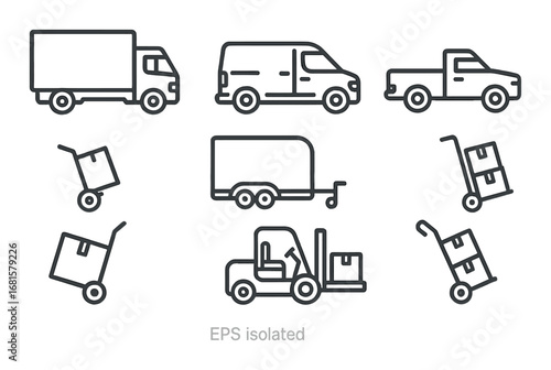 Transportation icons set featuring truck, van, trailer, handcart, forklift
