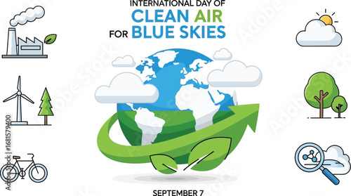 International day of clean air for blue skies poster with earth and environmental icons around it