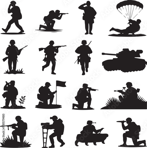 Military Soldier Silhouettes in Various Poses and Actions army combat