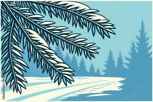 Snowy evergreen boughs extend over a monochromatic blue forest scene, evoking a winter landscape