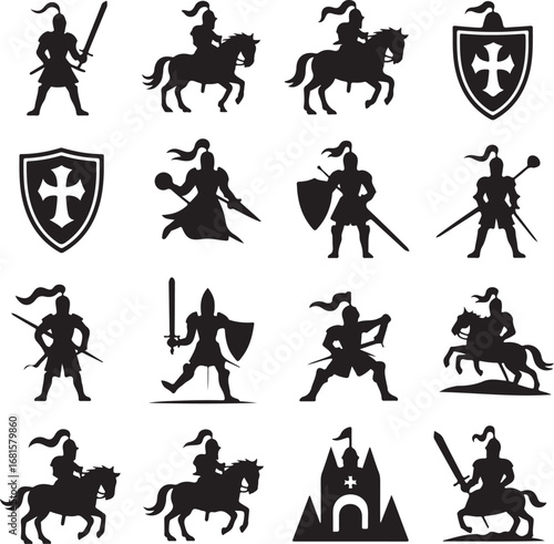 Medieval knight and castle silhouette icons warrior soldier