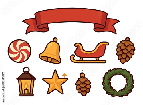 Festive holiday icons featuring sleigh, bell, wreath, and candy on warm background