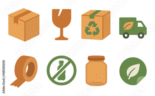 Eco-friendly packaging symbols: recycle, fragile, and leaf icons on green background