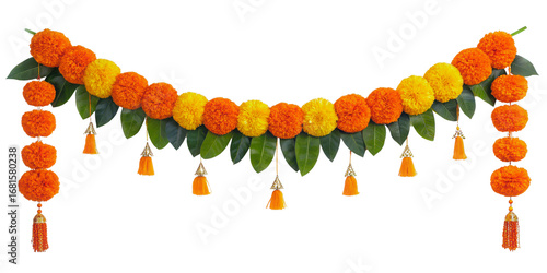Vibrant indian marigold toran garland decoration for festive occasions and doorways transparent background