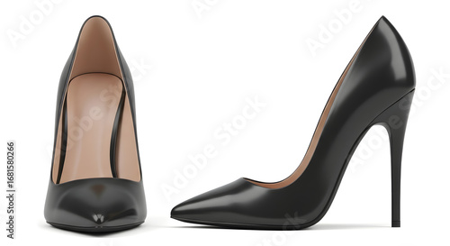 Elegant pair of classic black stiletto high heels with a sharp pointed toe, shown from front and side view isolated on a white background