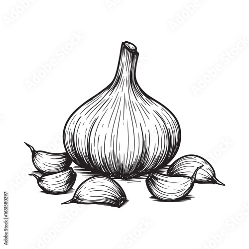 Handdrawn illustration of a garlic bulb with cloves, isolated on white background