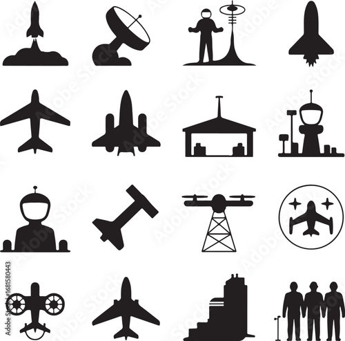 Collection of aviation and space travel silhouette icons airplane aircraft