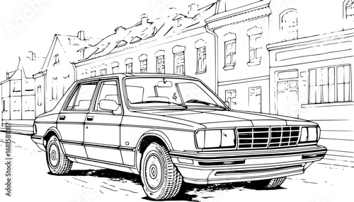 Abstract retro car on urban background, in black and white ink drawing style for adult coloring book