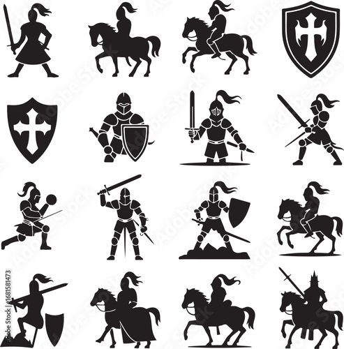 Medieval knights in silhouette on white background Keywords: medieval, knights, warriors