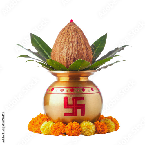 Sacred kalash with coconut mango leaves and marigold flowers for hindu puja rituals transparent background