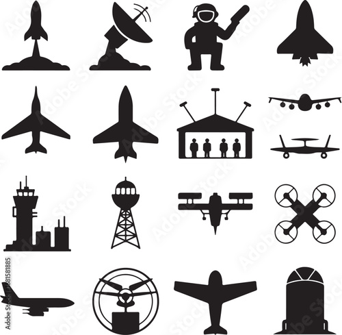Sixteen black silhouette icons representing aviation and space travel airplane aircraft
