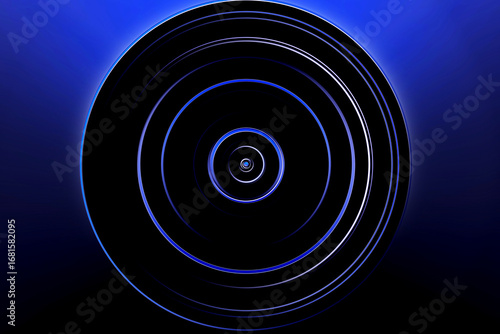 Abstract radial motion blur with concentric glowing circles on a dark blue background, futuristic vortex design, energy wave concept.