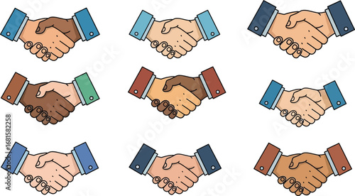 Nine cartoon handshakes with diverse skin tones and suit sleeves arranged on a white background