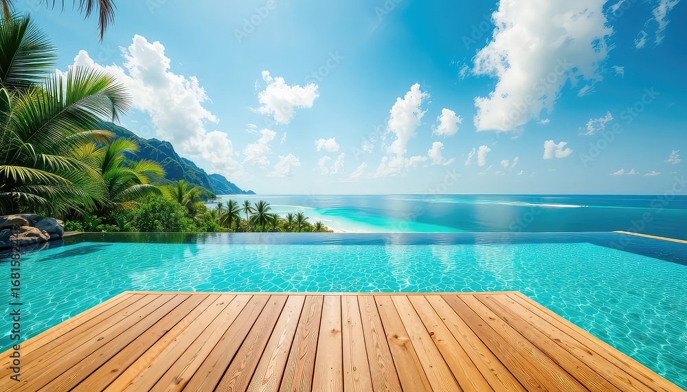 Fototapeta premium Wooden decking, infinity pool, tropical foliage, and ocean meeting the blue sky under fluffy clouds for an idyllic getaway