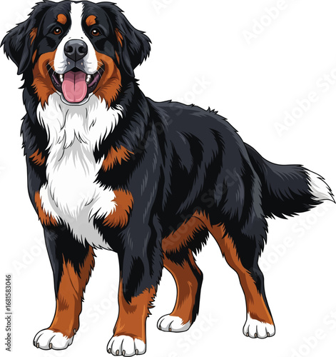 Bernese Mountain Dog standing smiling panting tongue out 