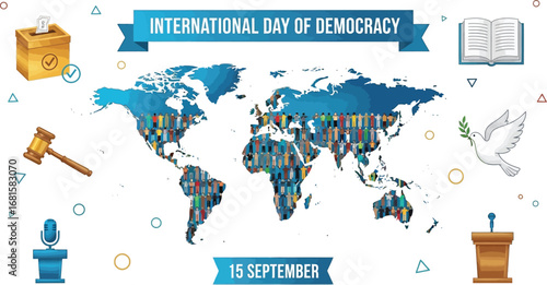 International day of democracy illustration with world map and democratic symbols on white background