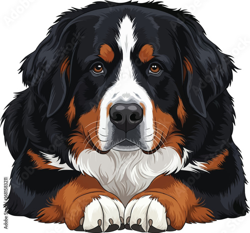 Bernese Mountain Dog lying down facing front vector illustration