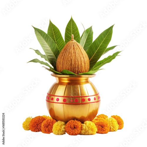 Golden kalash filled with sacred mango leaves and coconuts decorated with marigold flowers for puja ritual transparent background