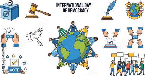 International day of democracy illustration with voting elements and people around the earth