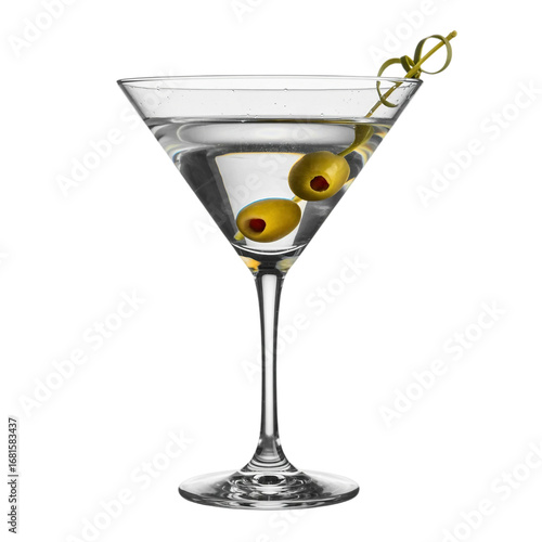  A classic martini cocktail with olives in a clear glass, isolated on transparent background