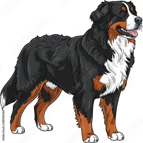 Bernese Mountain Dog standing looking away vector illustration