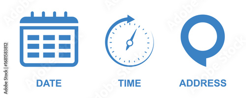 Time date address icons set. Address location icon. Stopwatch timer icon. Date Calendar icon. Black line and flat web icons.