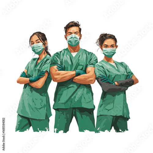 Frontline heroes, Illustration of doctors and nurses characters wearing masks.