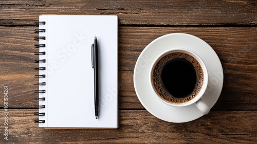 Coffee notepad and pen on wooden table