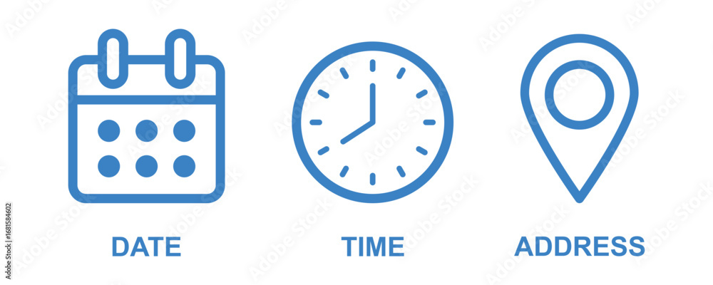 Obraz premium Time date address icon set collection vector illustration. Event icons vector. Location, Calendar & clock icon. Clock, pin map location, and calendar signs set. Business schedule icons clock calendar