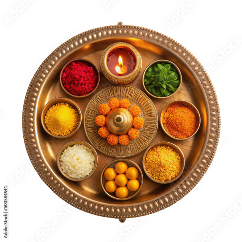Traditional indian puja thali with offerings for hindu religious ceremony worship and prayer transparent background