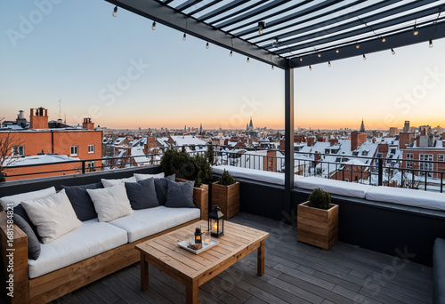 Cozy roof terrace with views over the city in winter