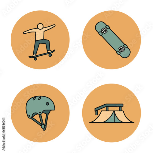 Skateboarding icons skateboarder, board, helmet, and ramp in circles